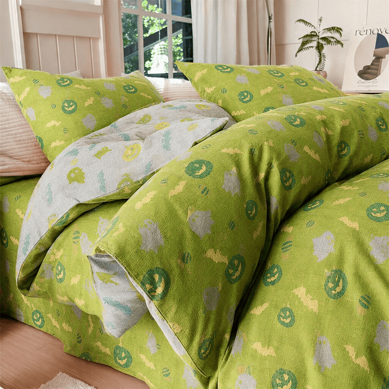 Set di biancheria da letto in cotone a 4 pezzi con motivo zucca e fantasmi multicolore. - Verde e giallo - Set di biancheria da letto (4 pezzi) - Matrimoniale Grande - image 7