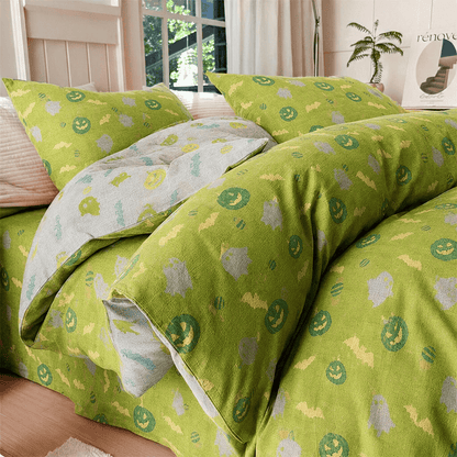 Set di biancheria da letto in cotone a 4 pezzi con motivo zucca e fantasmi multicolore. - Verde e giallo - Set di biancheria da letto (4 pezzi) - Matrimoniale Grande - image 7
