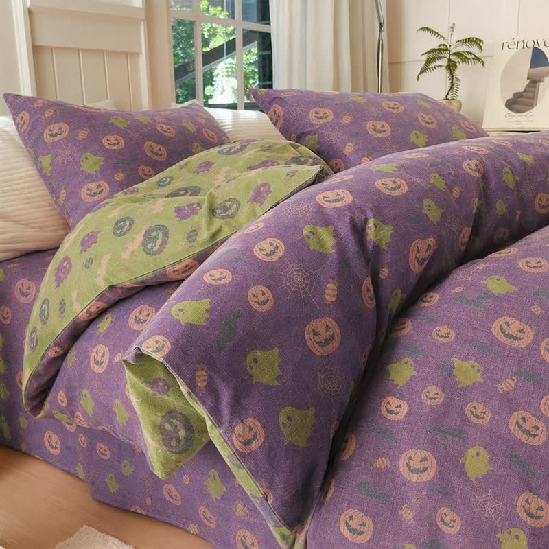Set di biancheria da letto in cotone a 4 pezzi con motivo zucca e fantasmi multicolore. - Viola intenso - Set di biancheria da letto (4 pezzi) - Matrimoniale Grande - image 14