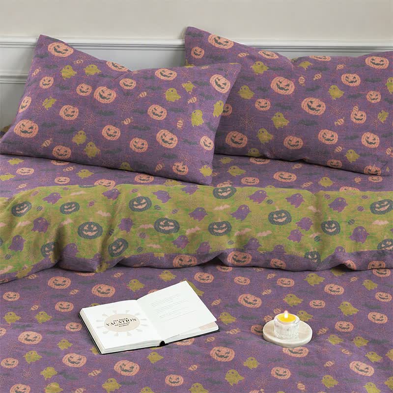 Set di biancheria da letto in cotone a 4 pezzi con motivo zucca e fantasmi multicolore. - image 20