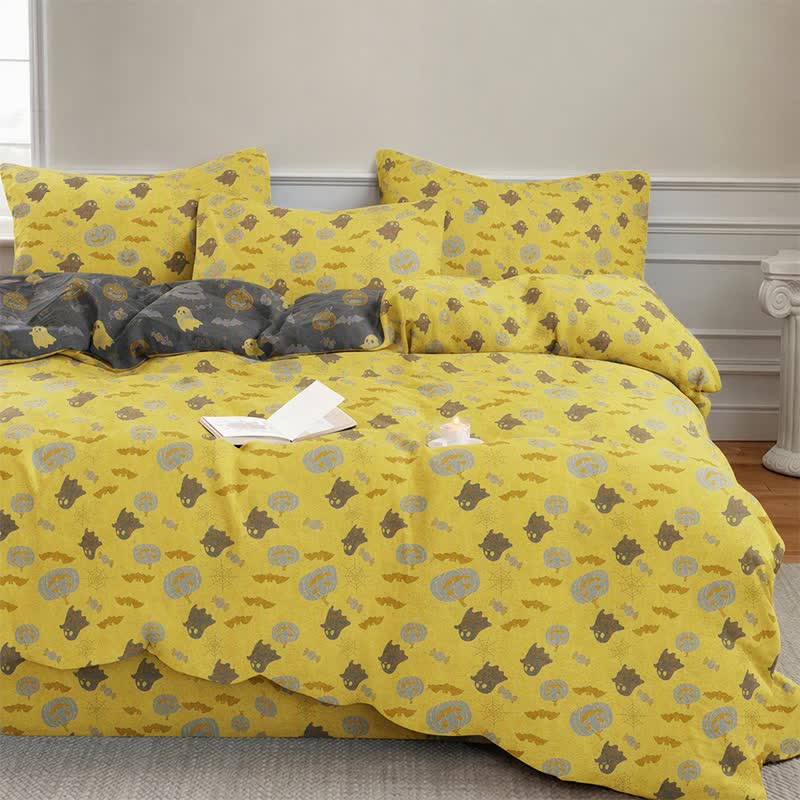 Set di biancheria da letto in cotone a 4 pezzi con motivo zucca e fantasmi multicolore. - image 1