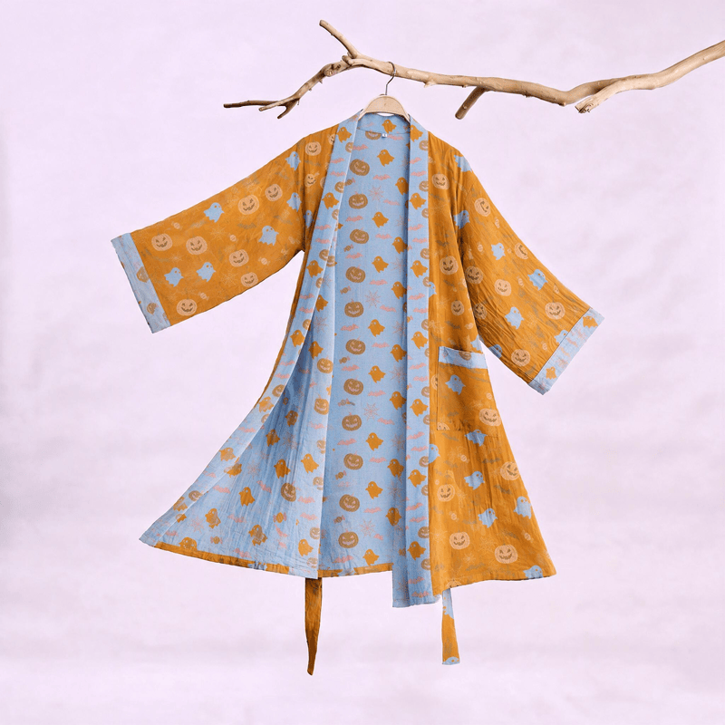 Kimono in cotone multicolore con stampa zucca per Halloween - Arancione e giallo - 2XL - image 0