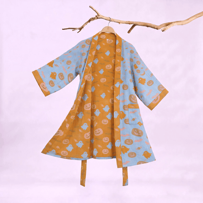 Kimono in cotone multicolore con stampa zucca per Halloween - Blu e arancione - 2XL - image 5