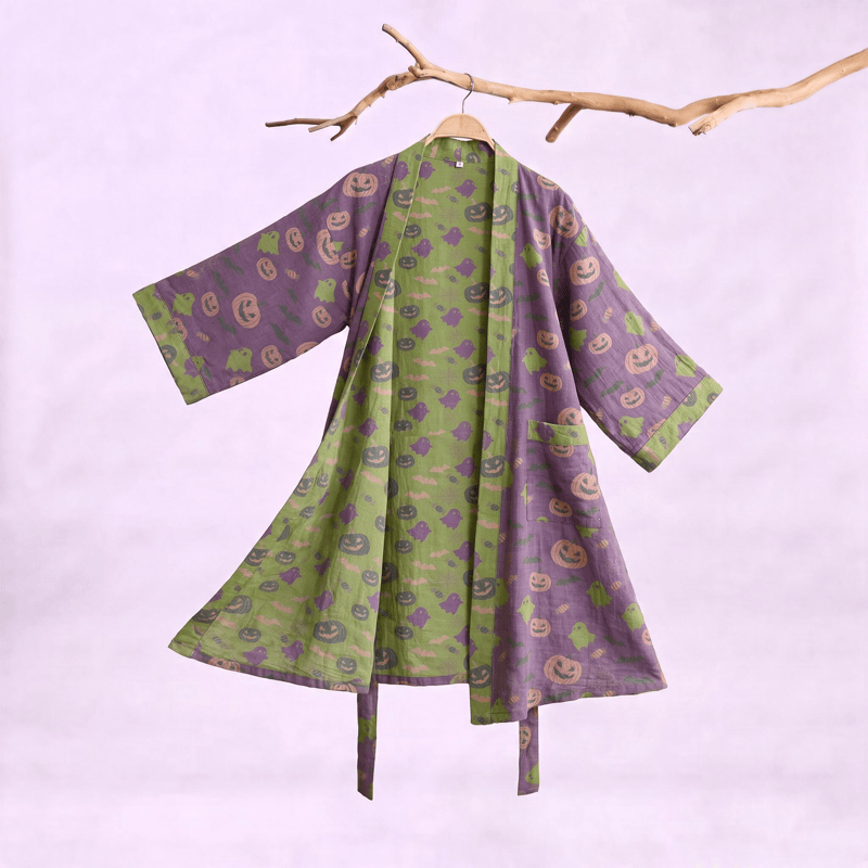 Kimono in cotone multicolore con stampa zucca per Halloween - Viola intenso - 2XL - image 30