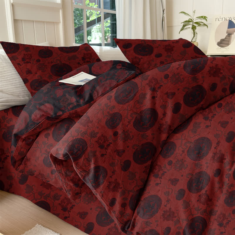 Set di biancheria da letto in cotone a 4 pezzi con motivo zucca e mostro di Halloween - Rosso - Set di biancheria da letto (4 pezzi) - Matrimoniale Grande - image 0