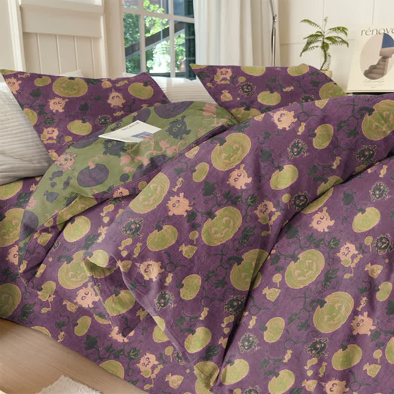 Set di biancheria da letto in cotone a 4 pezzi con motivo zucca e mostro di Halloween - Viola - Set di biancheria da letto (4 pezzi) - Matrimoniale Grande - image 18