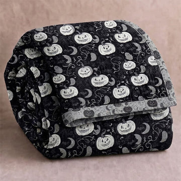 Coperta reversibile in cotone con motivo zucca e fantasma di Halloween - Nero - Coperta - 90" x 92" - image 0