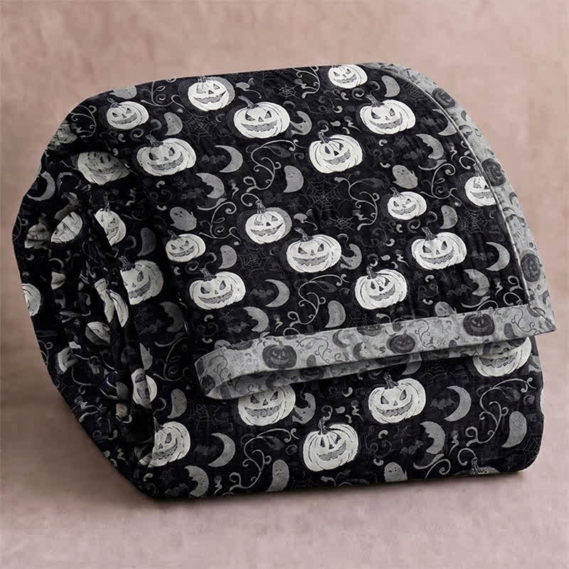 Coperta reversibile in cotone con motivo zucca e fantasma di Halloween - Nero - Coperta - 90" x 92" - image 0