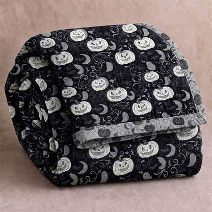 Coperta reversibile in cotone con motivo zucca e fantasma di Halloween - Nero - Coperta - 90" x 92" - image 0