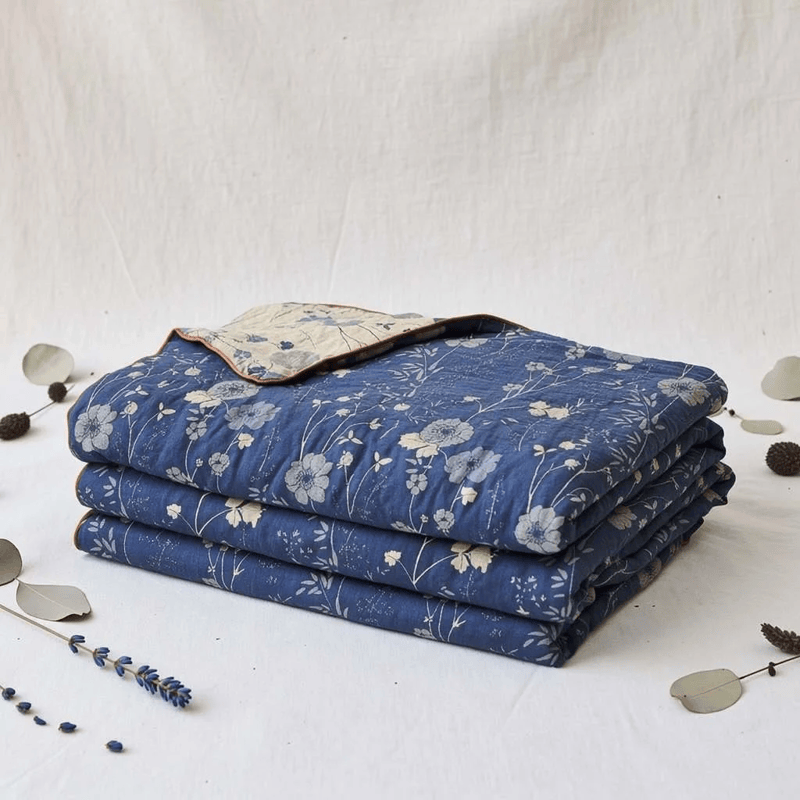 Trapunta reversibile blu a fantasia floreale in stile cottage - image 1
