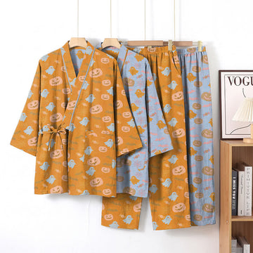 Set pigiama kimono in cotone con motivo Halloween Fantasma e Zucca - image 0