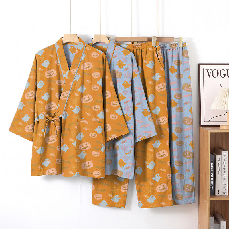 Set pigiama kimono in cotone con motivo Halloween Fantasma e Zucca - image 0
