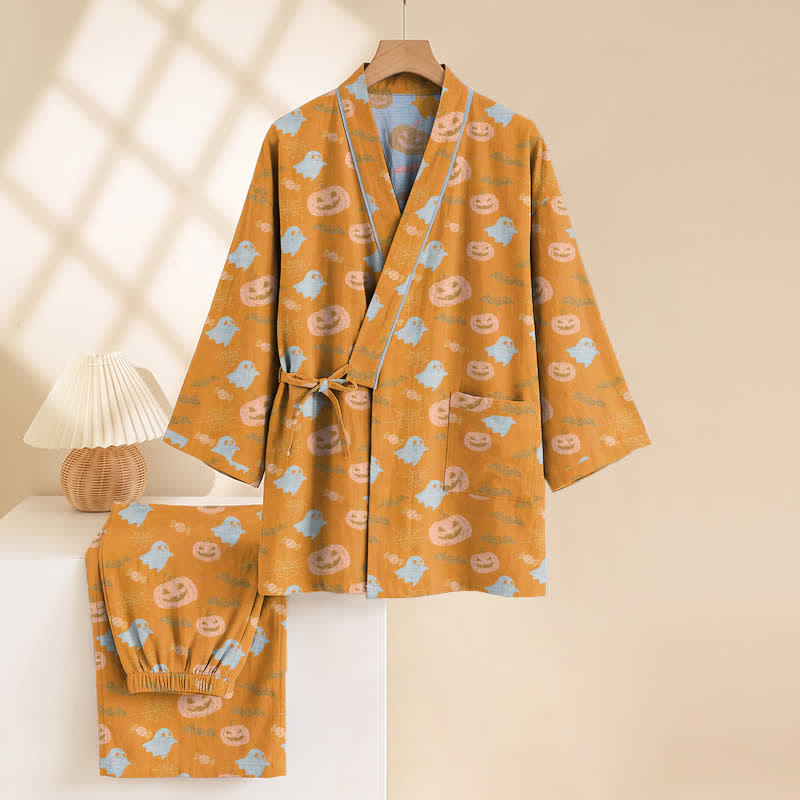 Set pigiama kimono in cotone con motivo Halloween Fantasma e Zucca - image 3