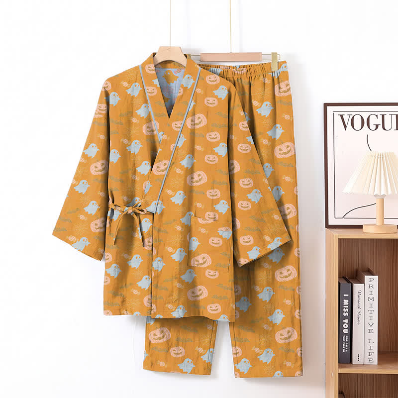 Set pigiama kimono in cotone con motivo Halloween Fantasma e Zucca - Arancione e giallo - XL - image 1