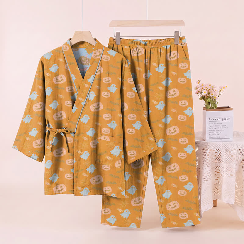 Set pigiama kimono in cotone con motivo Halloween Fantasma e Zucca - image 2
