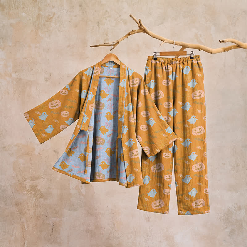Set pigiama kimono in cotone con motivo Halloween Fantasma e Zucca - image 4