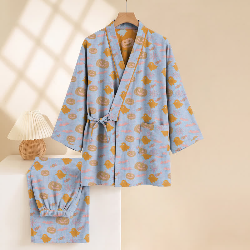 Set pigiama kimono in cotone con motivo Halloween Fantasma e Zucca - image 11
