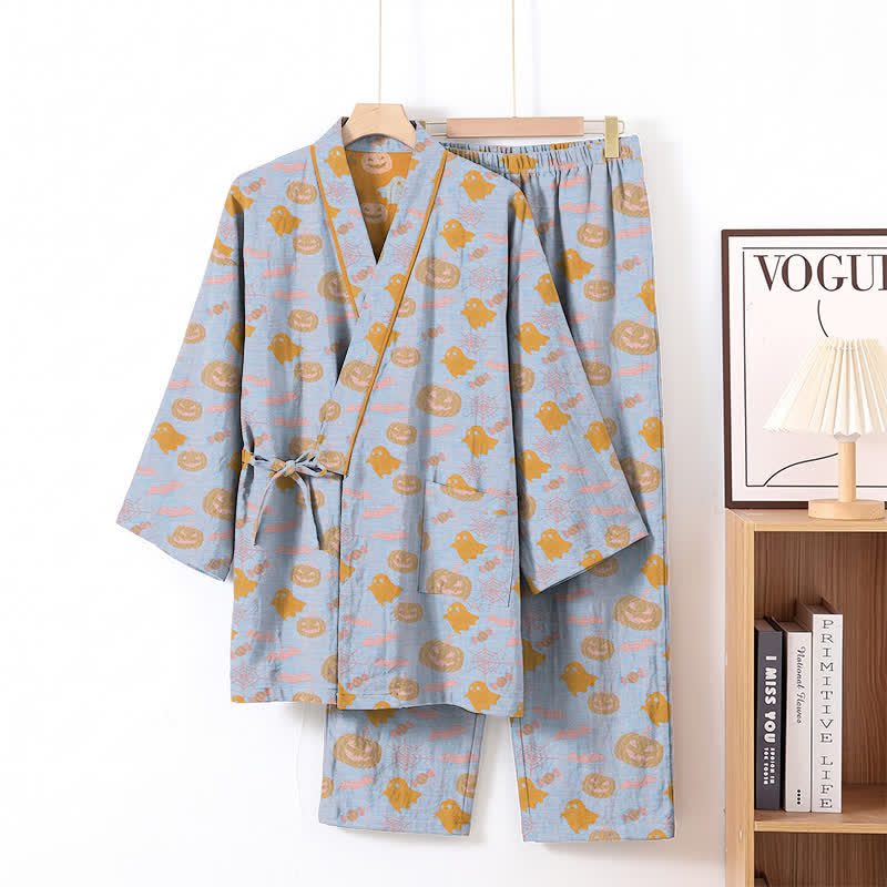 Set pigiama kimono in cotone con motivo Halloween Fantasma e Zucca - Blu e arancione - XL - image 8