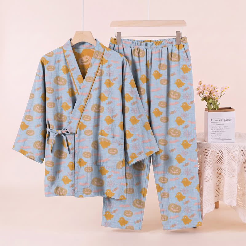 Set pigiama kimono in cotone con motivo Halloween Fantasma e Zucca - image 10