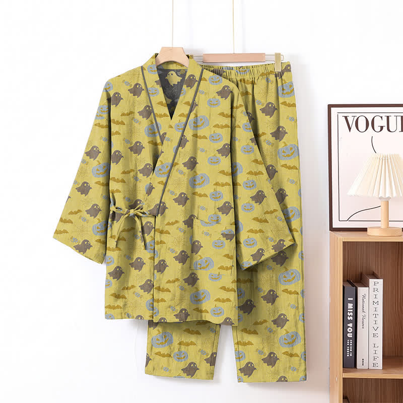 Set pigiama kimono in cotone con motivo Halloween Fantasma e Zucca - Giallo e grigio - XL - image 16