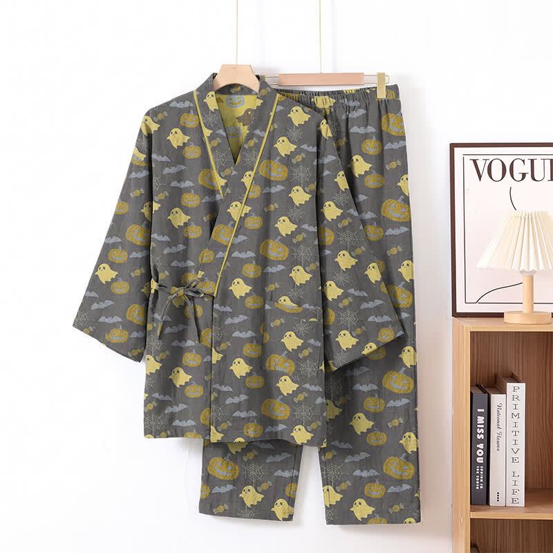 Set pigiama kimono in cotone con motivo Halloween Fantasma e Zucca - Caffè e giallo - XL - image 24