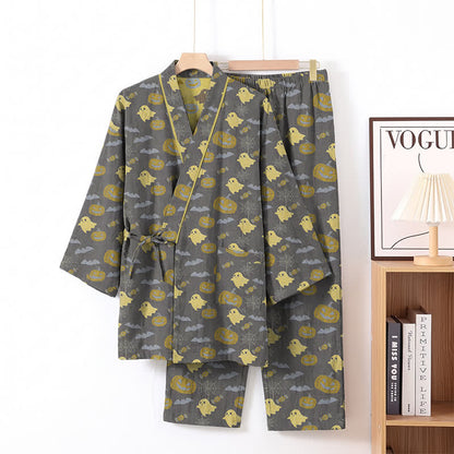 Set pigiama kimono in cotone con motivo Halloween Fantasma e Zucca - Caffè e giallo - XL - image 24