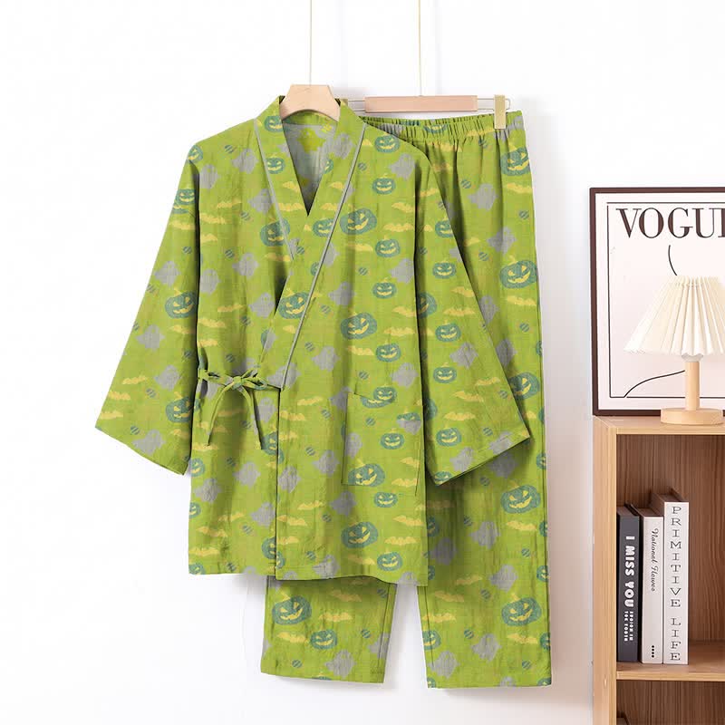 Set pigiama kimono in cotone con motivo Halloween Fantasma e Zucca - Verde e giallo - XL - image 32