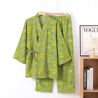 Set pigiama kimono in cotone con motivo Halloween Fantasma e Zucca - Verde e giallo - XL - image 32