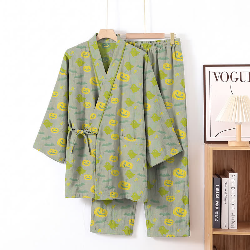 Set pigiama kimono in cotone con motivo Halloween Fantasma e Zucca - Grigio e verde - XL - image 40