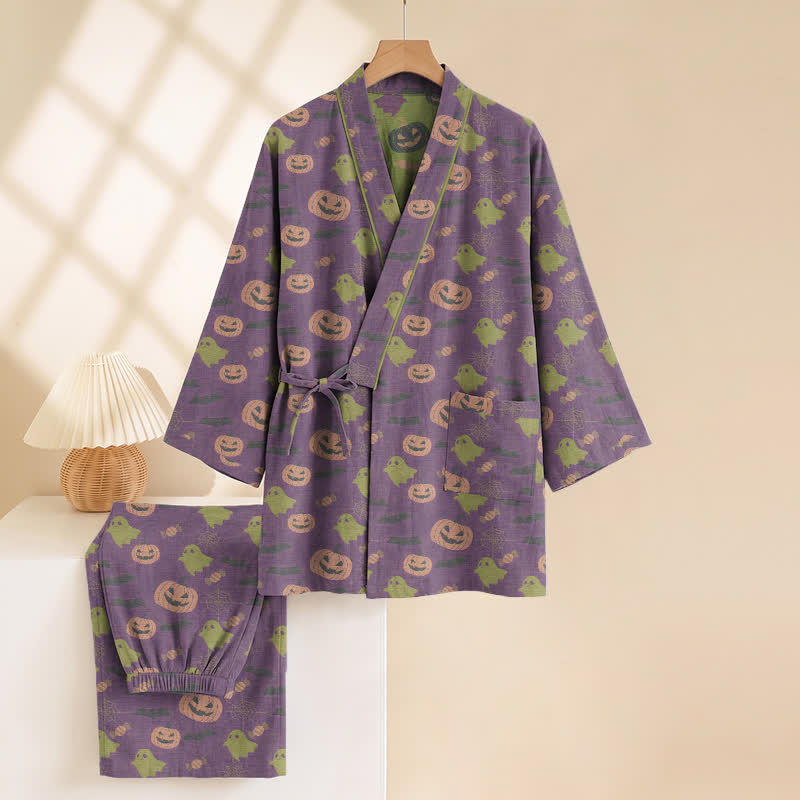 Set pigiama kimono in cotone con motivo Halloween Fantasma e Zucca - image 51