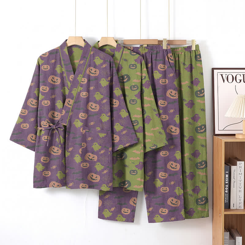 Set pigiama kimono in cotone con motivo Halloween Fantasma e Zucca - image 49