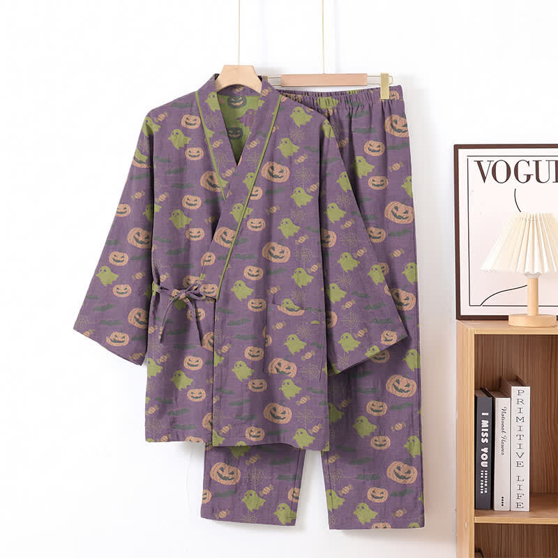 Set pigiama kimono in cotone con motivo Halloween Fantasma e Zucca - Viola intenso - XL - image 48