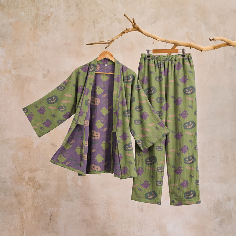 Set pigiama kimono in cotone con motivo Halloween Fantasma e Zucca - image 60