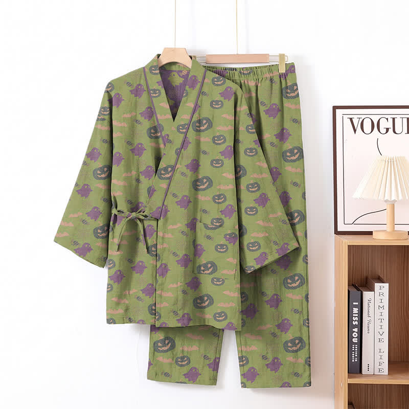 Set pigiama kimono in cotone con motivo Halloween Fantasma e Zucca - Verde e viola - XL - image 56