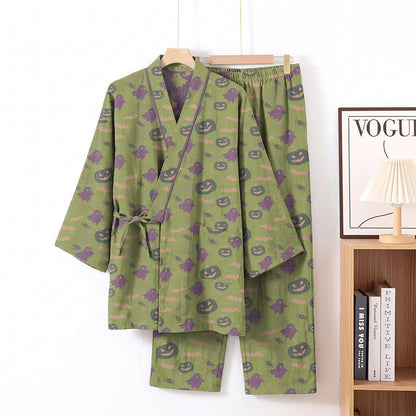 Set pigiama kimono in cotone con motivo Halloween Fantasma e Zucca - Verde e viola - XL - image 56