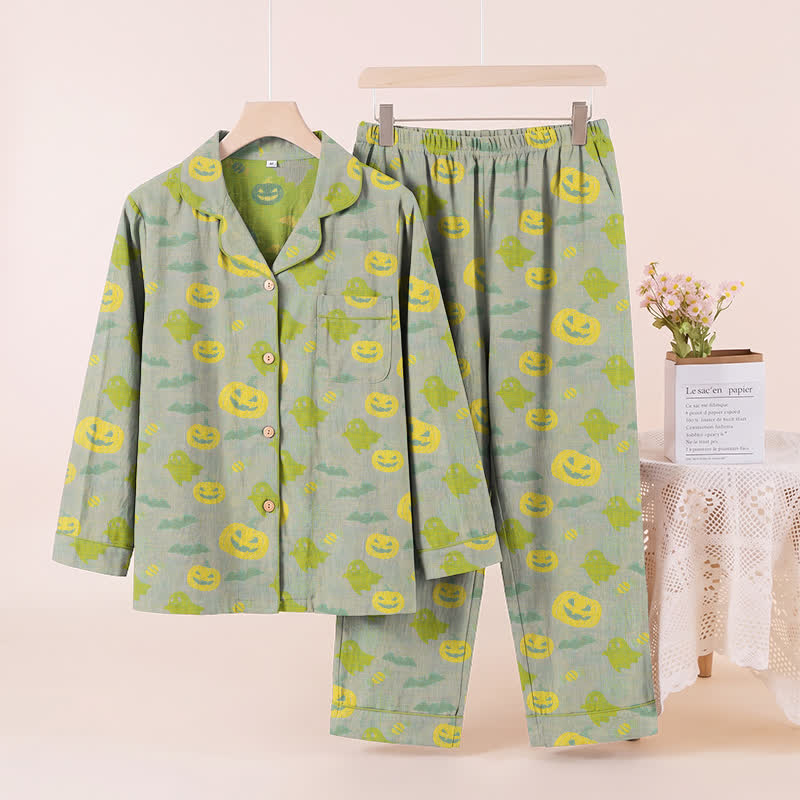 Completo da casa in cotone con simpatici fantasmini e zucche - Grigio e verde - XL - image 30