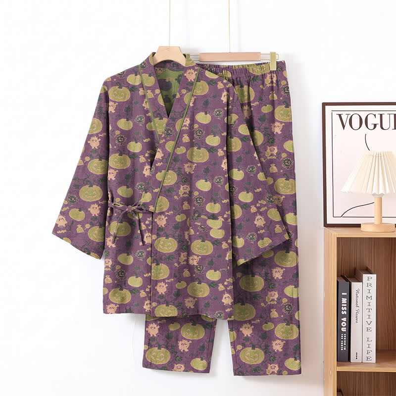 Set pigiama kimono retrò con zucca di Halloween - Viola - XL - image 1