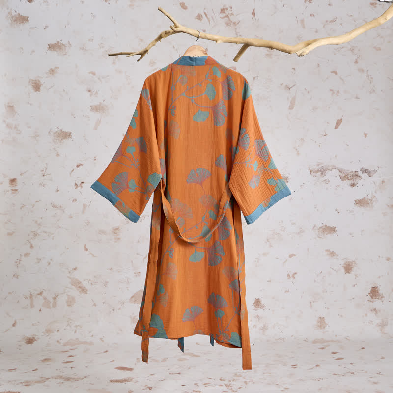 Kimono in cotone con foglie di ginkgo in stile retrò - image 1
