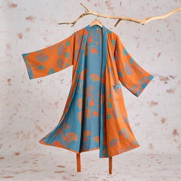 Kimono in cotone con foglie di ginkgo in stile retrò - Arancia - XL - image 0