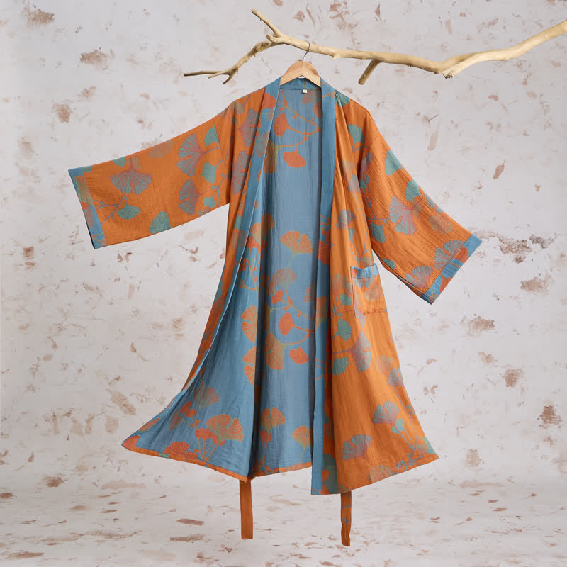 Kimono in cotone con foglie di ginkgo in stile retrò - Arancia - XL - image 0