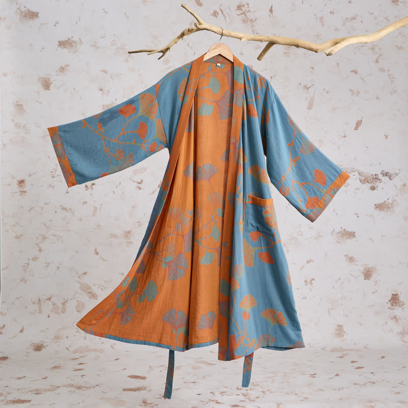 Kimono in cotone con foglie di ginkgo in stile retrò - Blu - XL - image 8