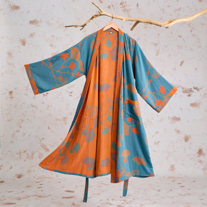 Kimono in cotone con foglie di ginkgo in stile retrò - Blu - XL - image 8