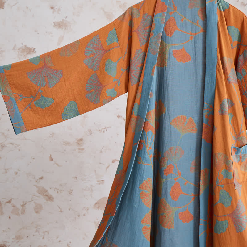 Kimono in cotone con foglie di ginkgo in stile retrò - image 3
