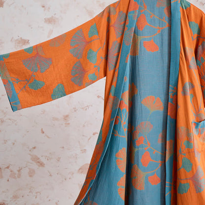 Kimono in cotone con foglie di ginkgo in stile retrò - image 3
