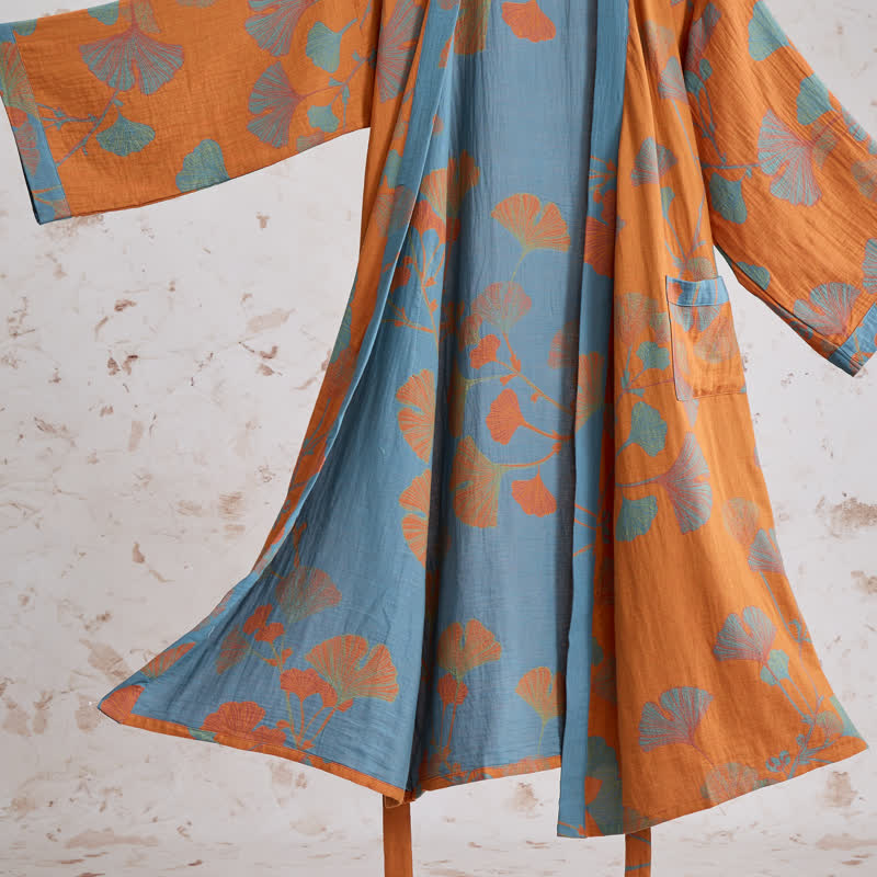 Kimono in cotone con foglie di ginkgo in stile retrò - image 5
