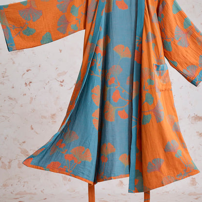Kimono in cotone con foglie di ginkgo in stile retrò - image 5