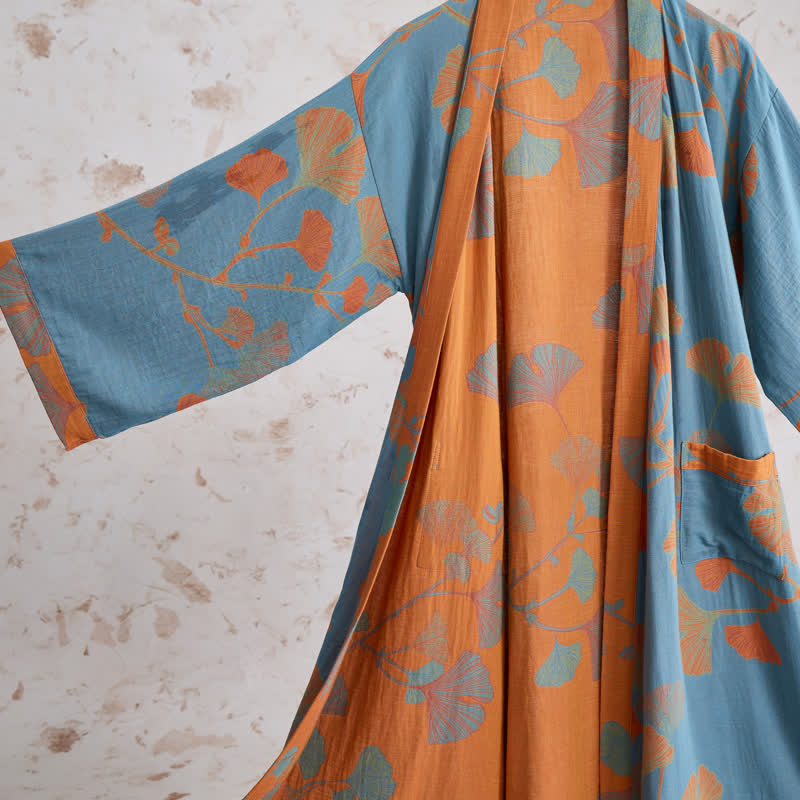 Kimono in cotone con foglie di ginkgo in stile retrò - image 11