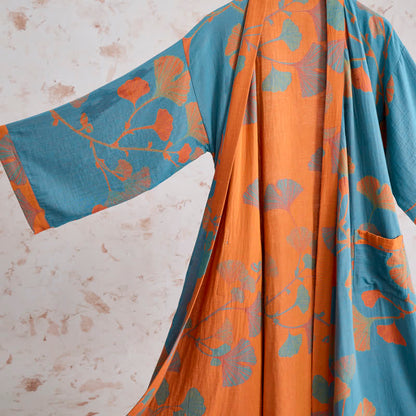 Kimono in cotone con foglie di ginkgo in stile retrò - image 11