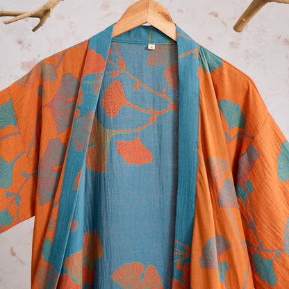 Kimono in cotone con foglie di ginkgo in stile retrò - image 2
