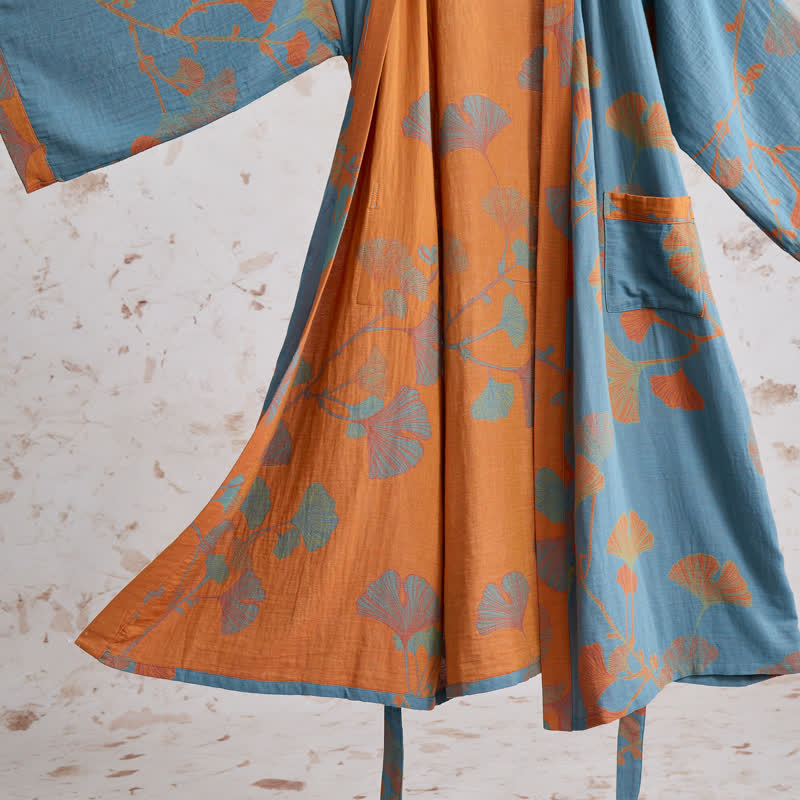 Kimono in cotone con foglie di ginkgo in stile retrò - image 13